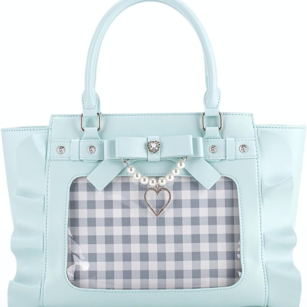 PU Leather Ita Bag Crossbody with Clear Display Window Pearl Bow for Collectible